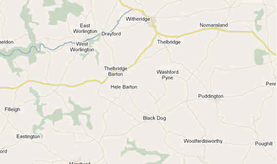 Map showing Hele Barton & surrounding villages