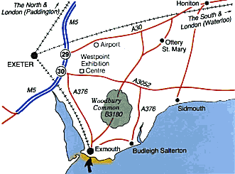 Trains change at Exeter St. Davids or Exeter Central for the lovely Local service to Exmouth, partly running along side the river Exe, or the M5 Motorway to Exeter