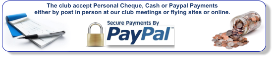The club accept Personal Cheque, Cash or Paypal Payments either by post in person at our club meetings or flying sites or online.